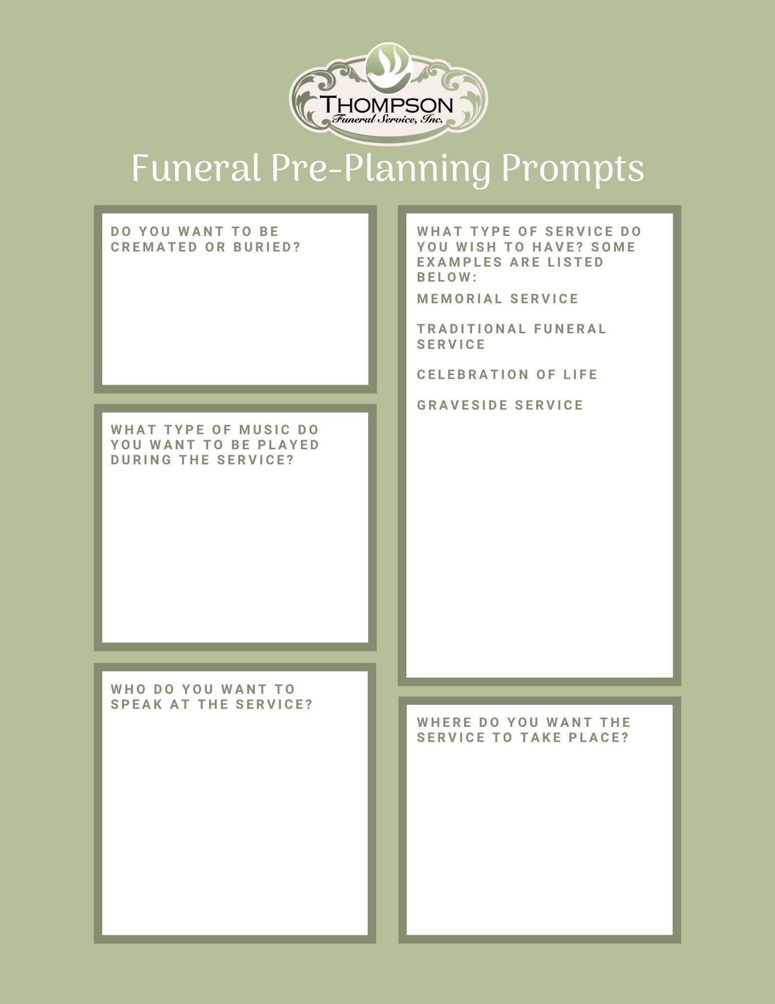 Funeral Planning Worksheet Thompson Funeral Services
