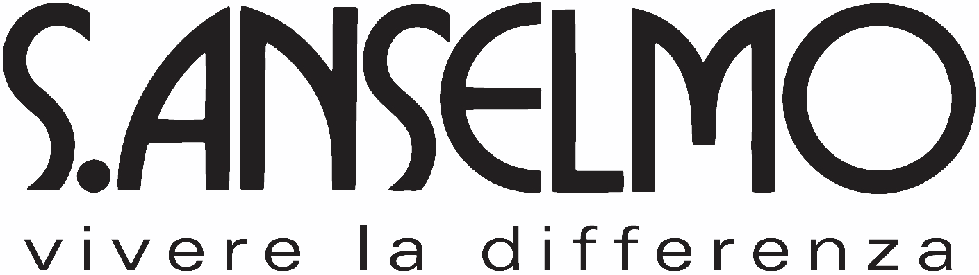 Un logo sanselmo bianco e nero su uno sfondo bianco