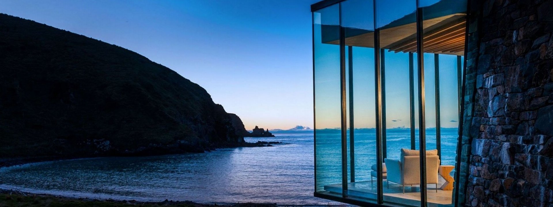 Modern villa with New Zealand farmhouse theme Scrubby Bay sunset