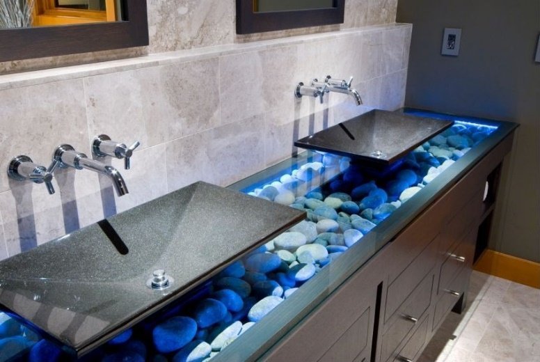 Bathroom vanity with river boulder top