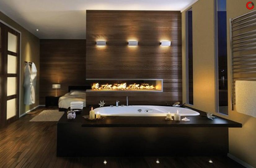 Bedroom with bathroom and fireplace