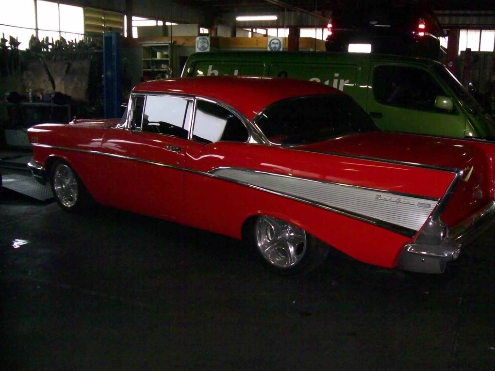 red car with a stripe