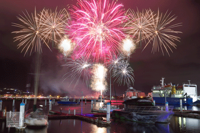 A bunch of fireworks are going off over a harbor