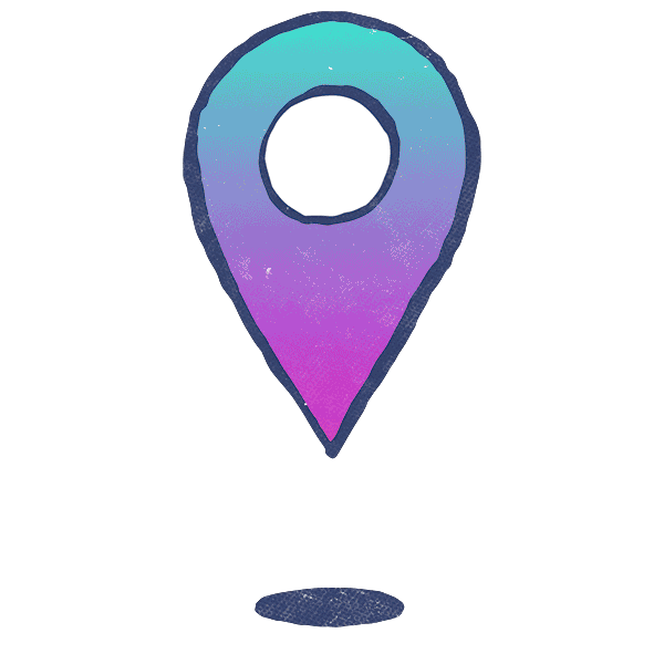 A purple and blue map pin with a hole in the middle