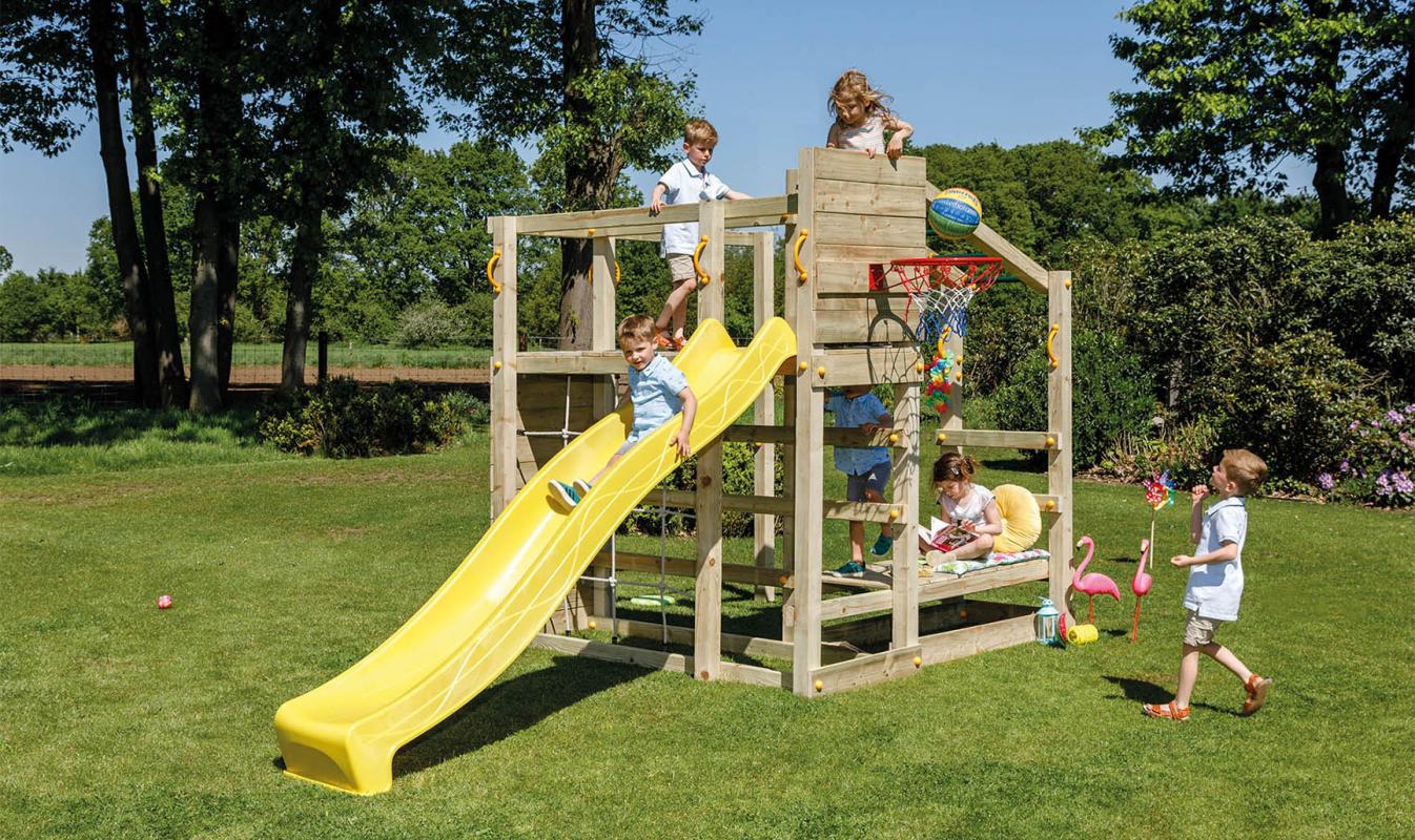Blue Rabbit wooden climbing frame and play systems, swings and slides.