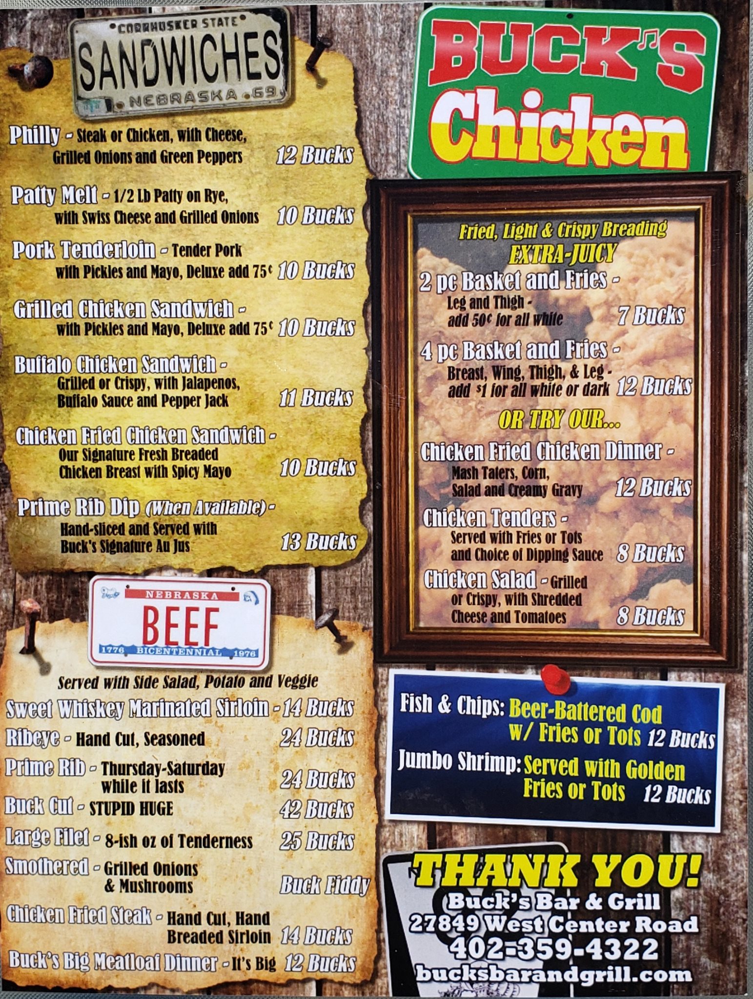 Bucks Bar & Grill Menu