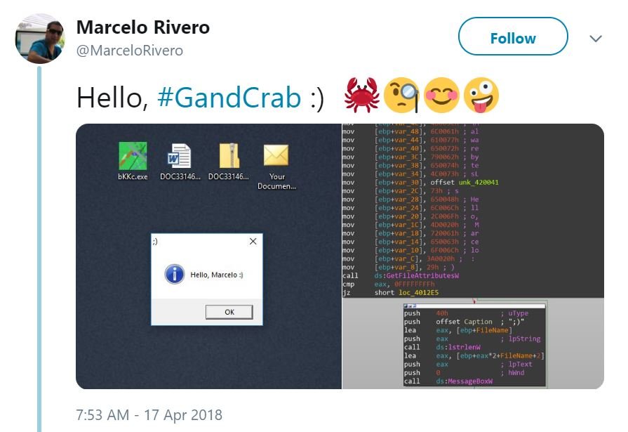 GandCrab akan mengirimkan pesan ke Marcello Rivero analis virus Malwarebytes setiap kali berhasil menginfeksi dan mengenkripsi komputer yang dilindungi oleh Malwarebytes