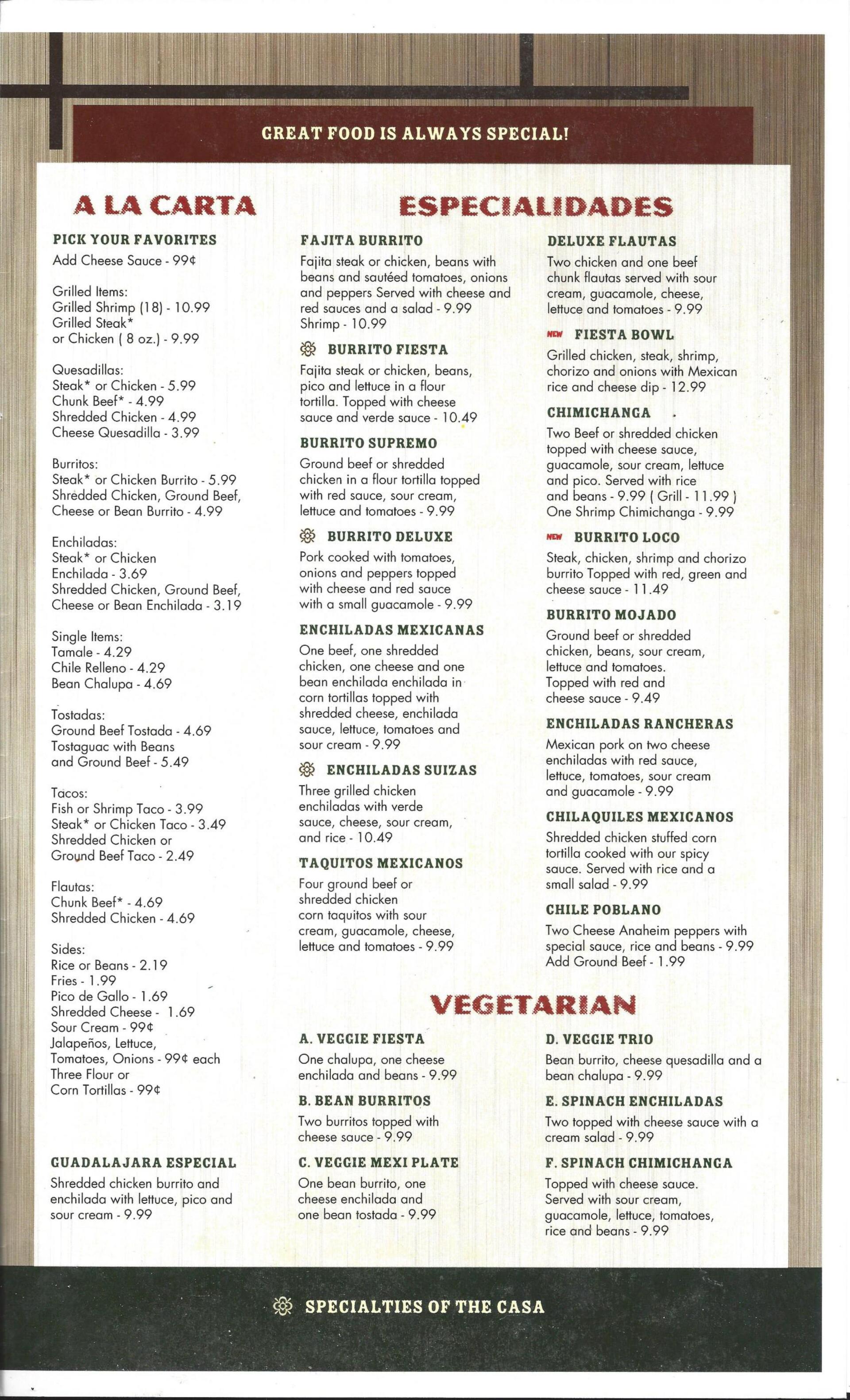 Menu Family Style Mexican Restaurant Trussville, AL Casa Fiesta