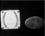 A black and white photo of a coin and a laurel wreath.