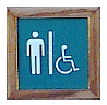 A man and a wheelchair sign in a wooden frame.