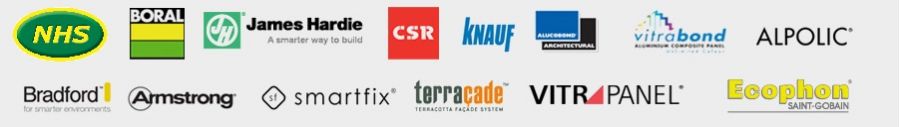 Easy As NHS, Boral, CSR, Knauf, Bradford, Armstrong, Bradford, Alucobond, Vitrabond, Alpolic, Smart-fix Symonite, Terracade,  Ecophon, James Hardle, Vytrapanel