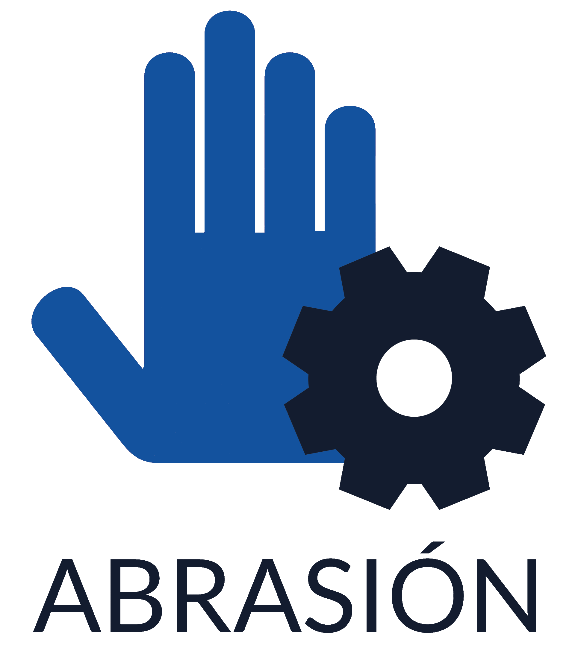 Una mano azul con un engranaje y la palabra abrasión debajo