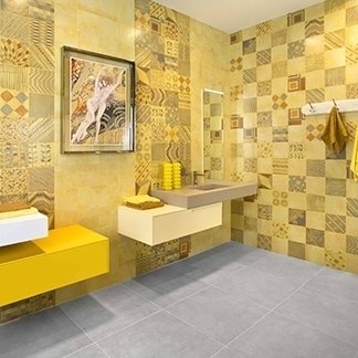 un bagno con delle piastrelle di color giallo e grigio 