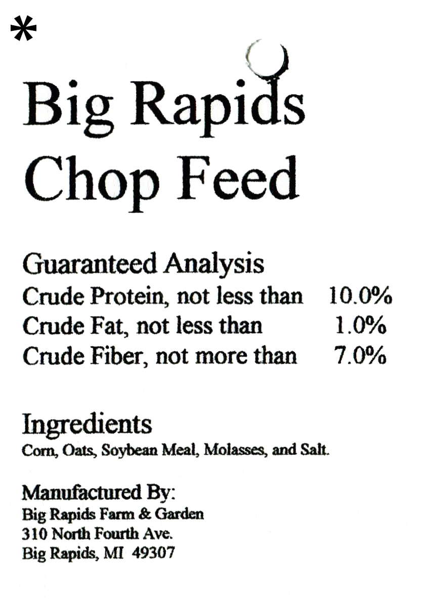 A label for big rapids chop feed with ingredients and guaranteed analysis