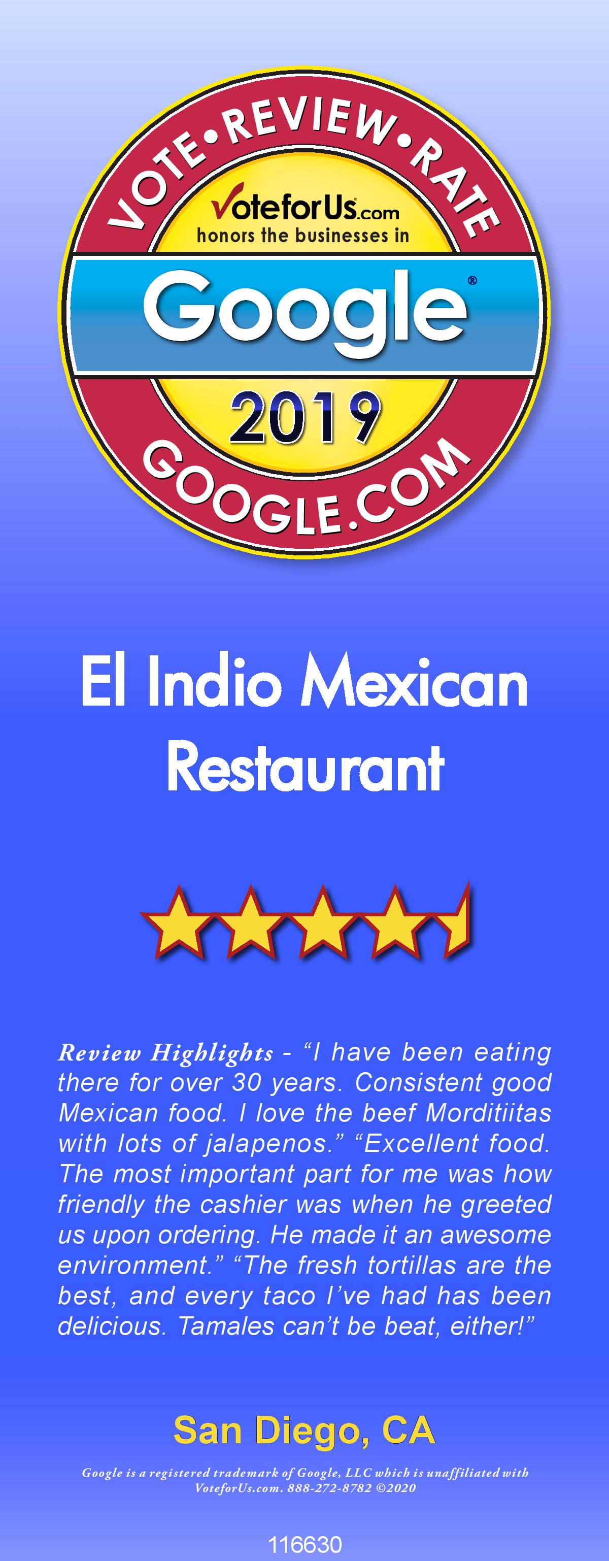 Recognition San Diego, CA El Indio Mexican Restaurant