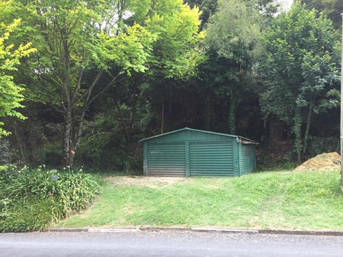 shed with trees around it