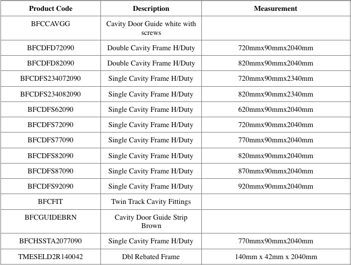 Epping Timber - Door Frames measurement table