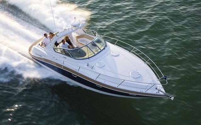 Aerial view of power yacht boat moving
