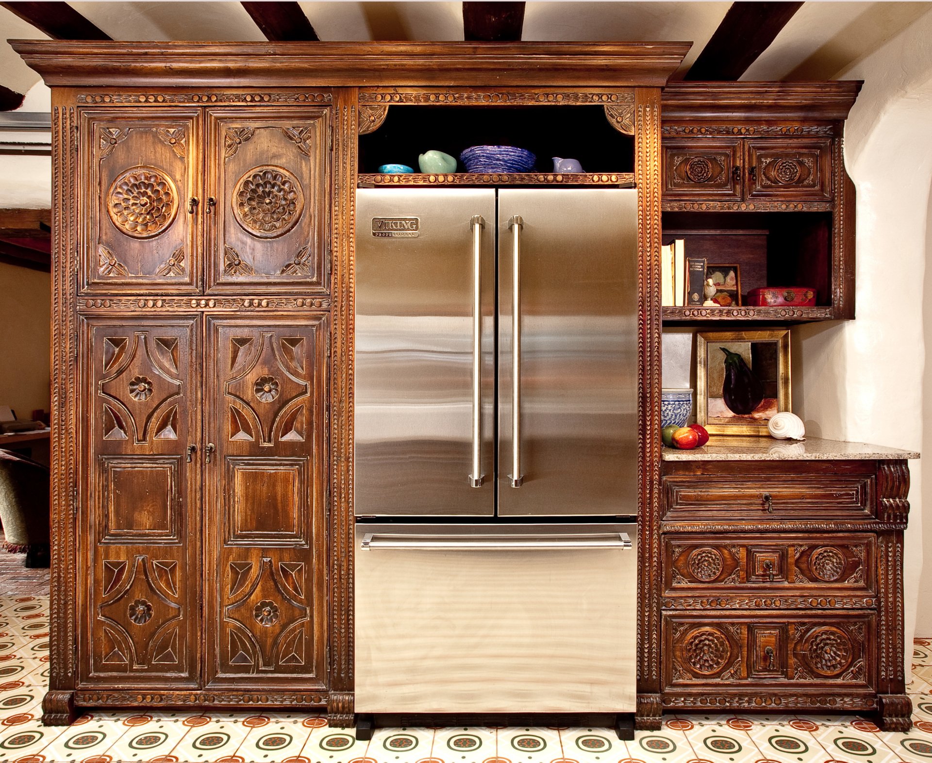 View of Carved Kitchen Cabinets, Refacing Cabinets, Santa Barbara, CA Santa Fe, NM