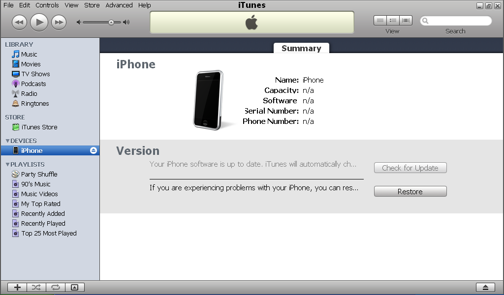 iTunes screen with the iPhone 2G in recovery mode.