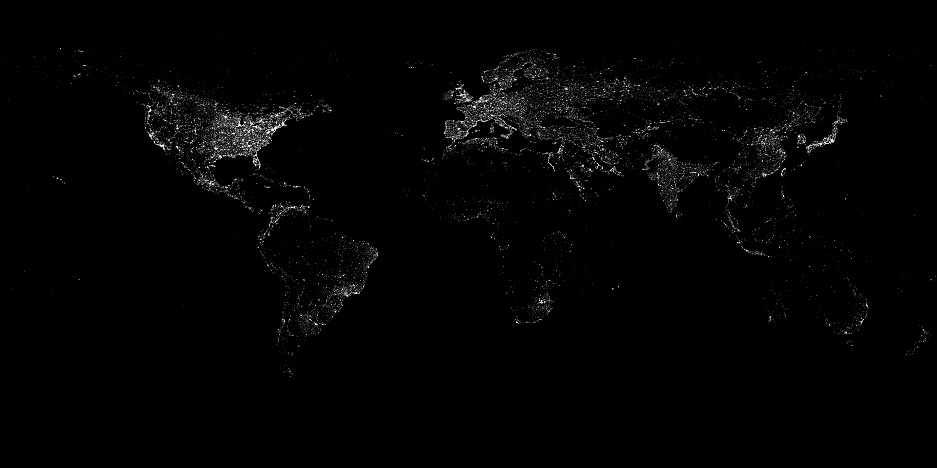 A black and white map of the world at night.