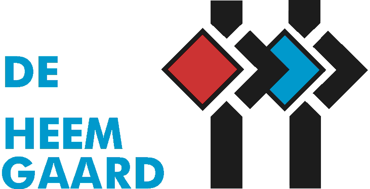 Logo voor De Heemgaard: blauwe tekst, abstracte figuren met rode ruit, blauwe visgraat, zwarte balken.