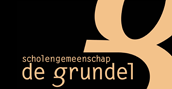 Logo voor Scholengemeenschap De Grundel. Zwarte achtergrond met crèmekleurige tekst en gestileerde letter 