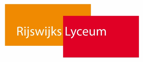 Logo van het Rijswijks Lyceum, met oranje en rode overlappende rechthoeken en witte tekst.