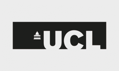A black and white logo for ucl with a building on it