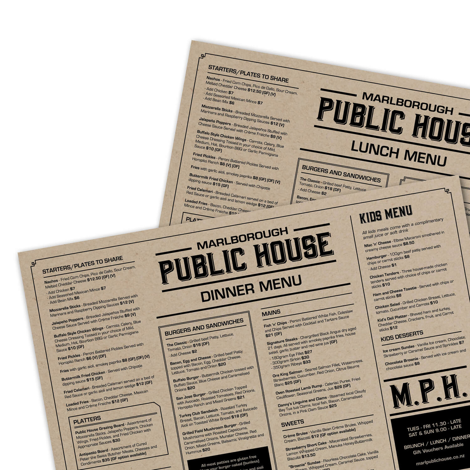 Marlborough Public House Menus designed by Vanilla Hayes creative graphic design  studio in Blenheim, Marlborough, New Zealand