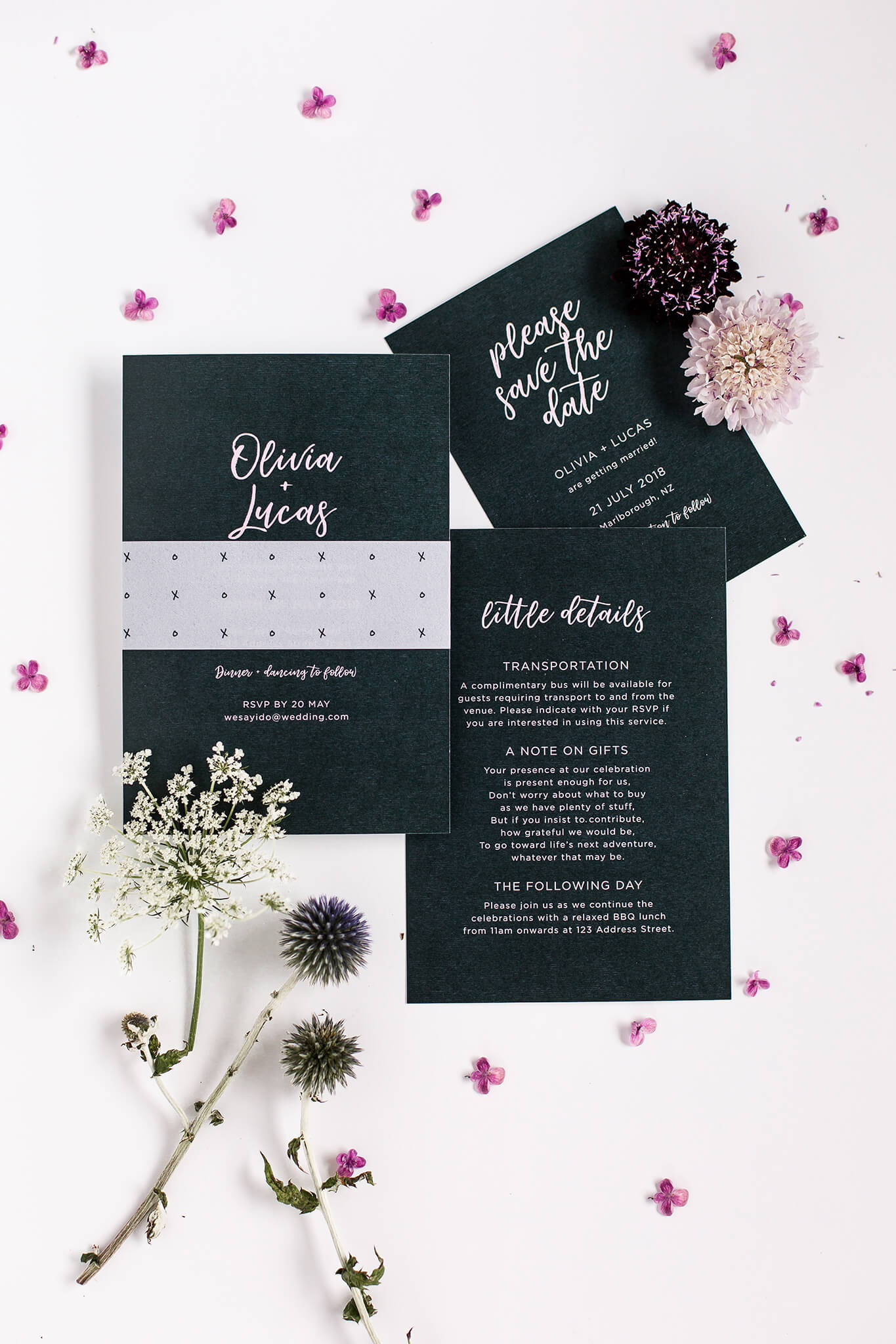 Wedding Invitation Collection designed by Vanilla Hayes creative graphic design  studio in Blenheim, Marlborough, New Zealand