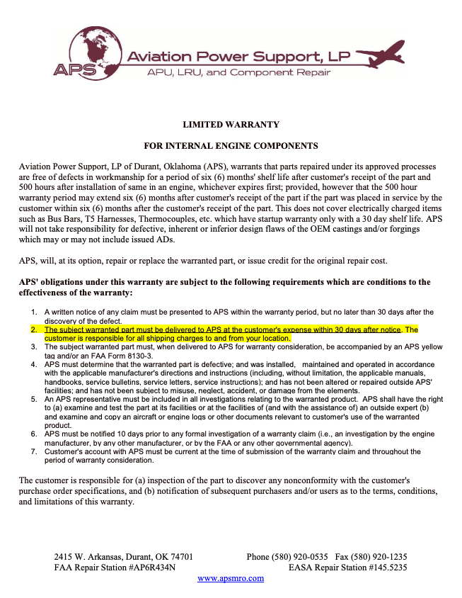 Turbine Engine Repair Warranty Information
