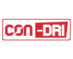 a red and white con-dri logo on a white background
