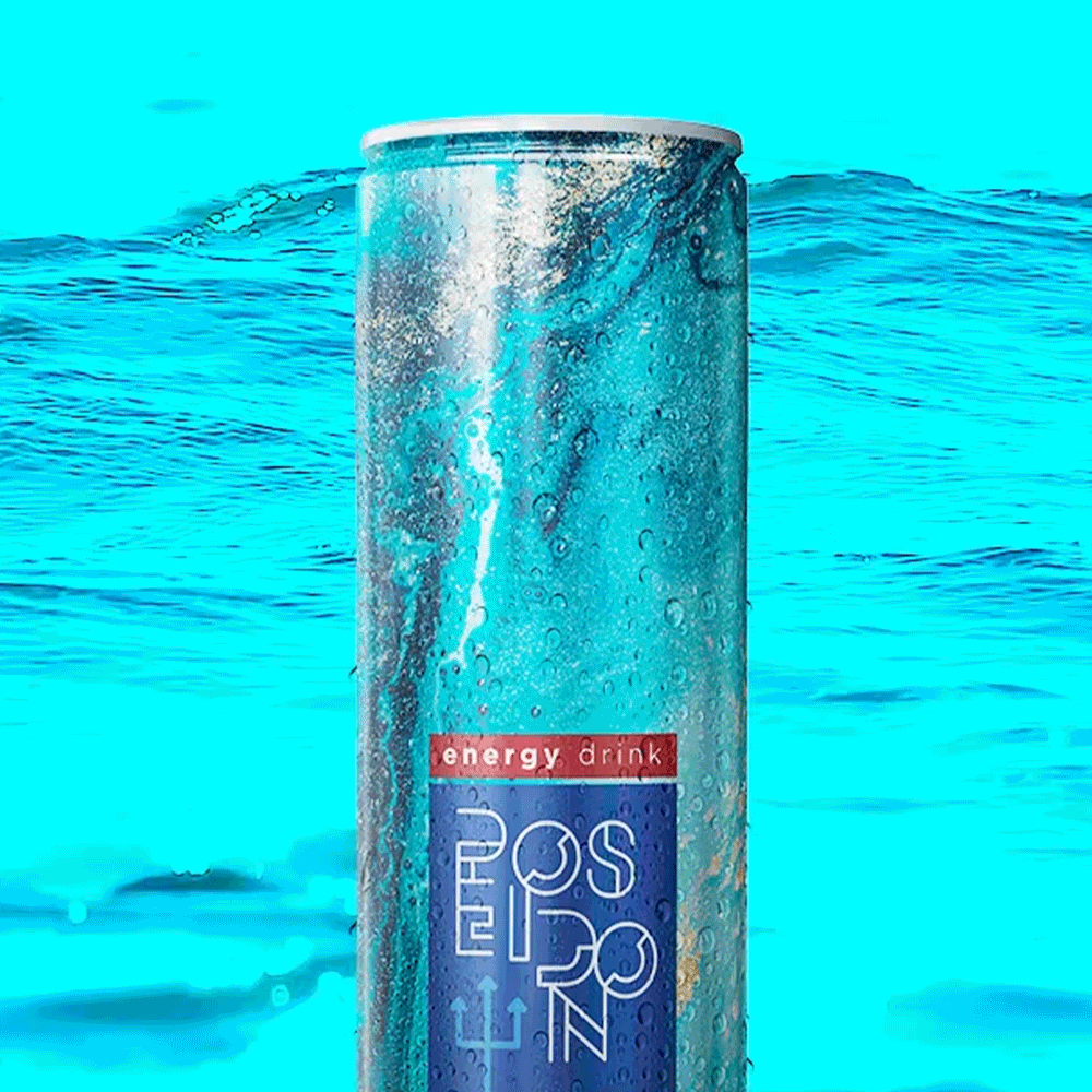 A can of energy drink is sitting on top of a blue surface.