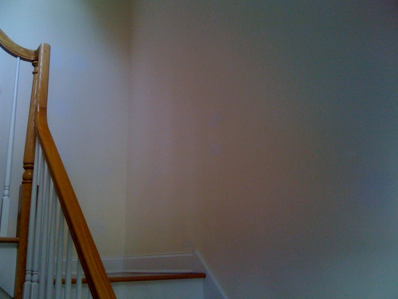 Wooden banister and stairs ascending against a light-colored wall.