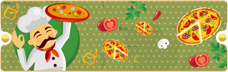 pizzaiolo sorridente alza una pizza e vari disegni di pizze e ingredienti per prepararla