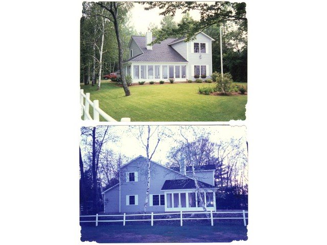 Two pictures of a white house with a white fence