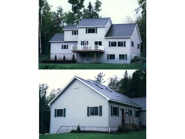 Two pictures of a white house with a gray roof