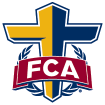 A blue and yellow cross with a red banner that says fca