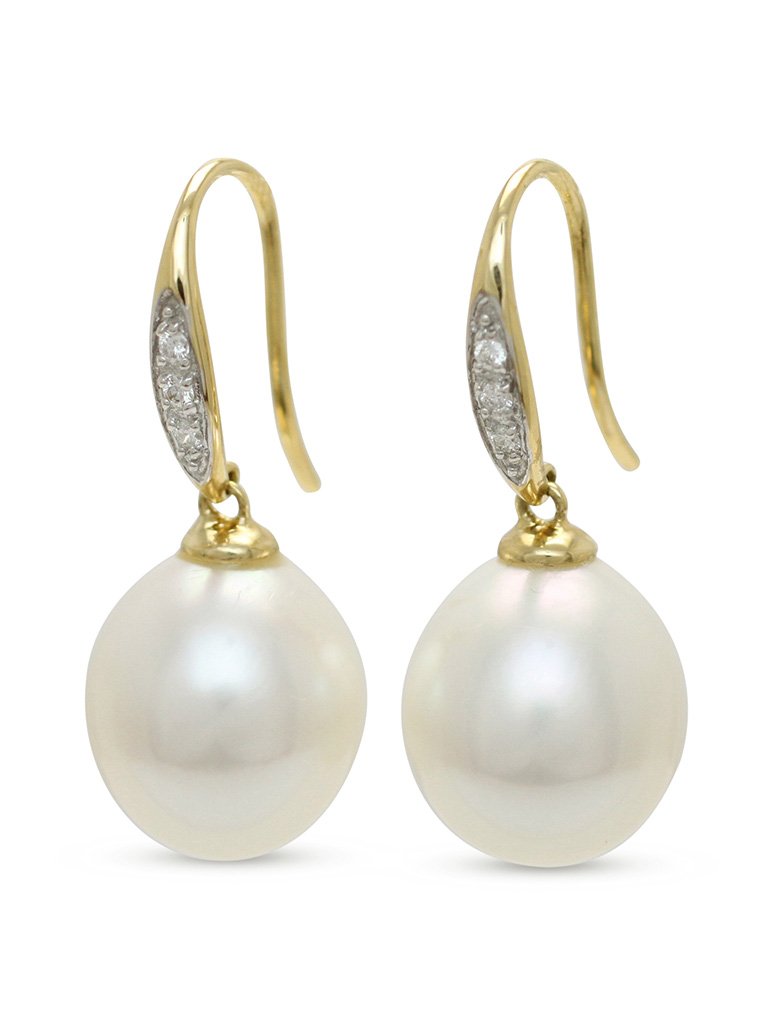 Jewellery Brisbane 18ct Yellow Gold 11 5 12mm Oval South Sea Pearl And 6 0 07ct Diamond Grain Set Hook Drop Earrings From 2350