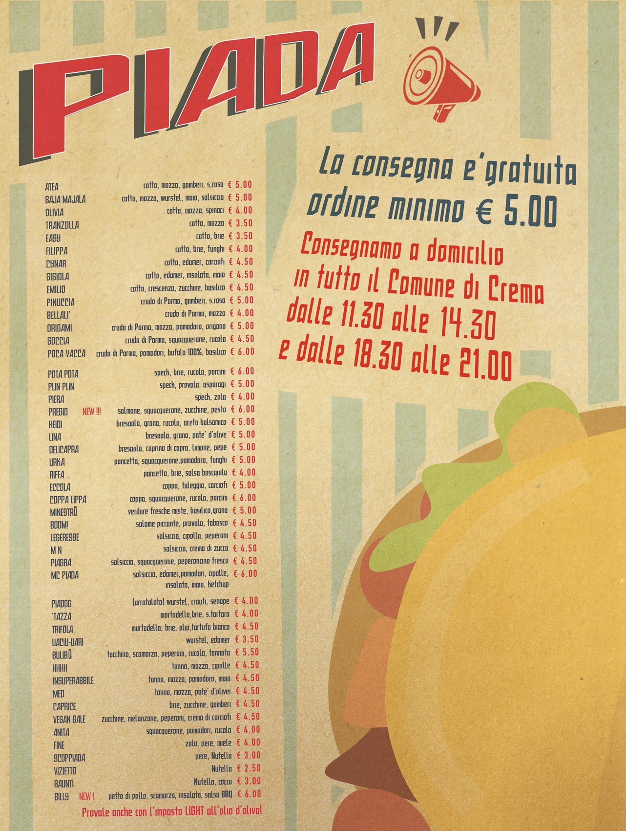 Menù piadina Crema, CR Piada piadineria