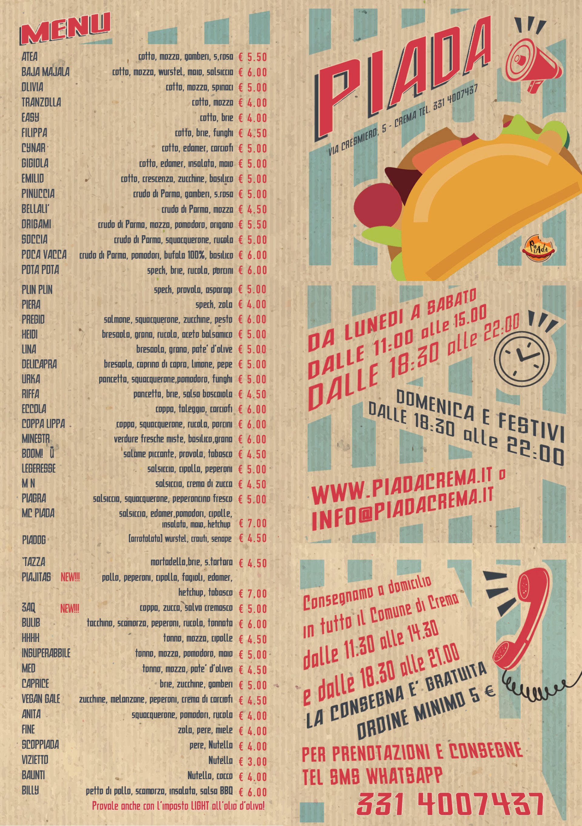 Menù piadina Crema, CR Piada piadineria