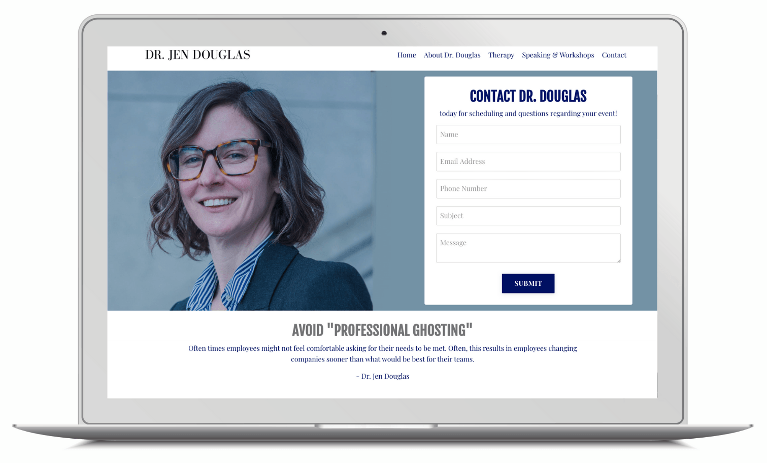 A laptop computer with a woman wearing glasses on the screen.