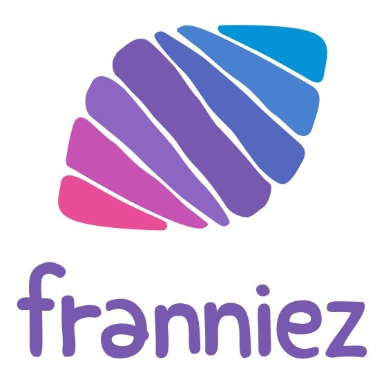 Franniez-logo: abstracte vorm in tinten roze, paars en blauw boven het woord