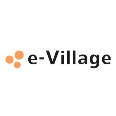 E-Village-logo: een groep oranje cirkels, met daaronder de zwarte tekst