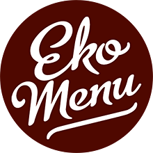 Eko Menu-logo: Witte cursieve tekst op een donkerrode cirkelvormige achtergrond.