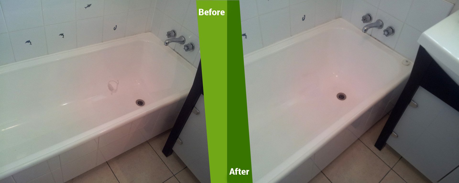 Before and after restoration work done on bathroom tub
