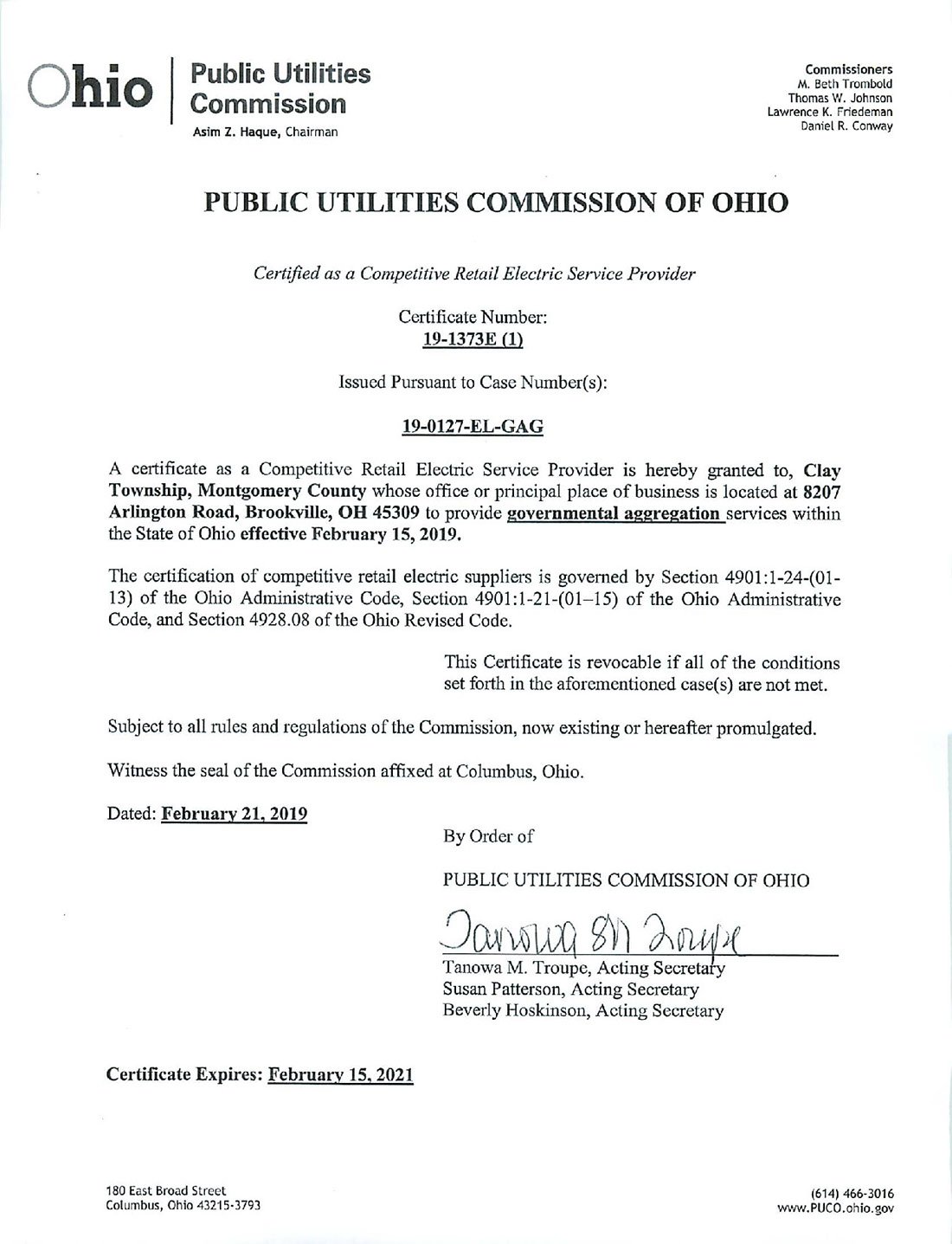 PUCO CERTIFICATE ELECTRIC