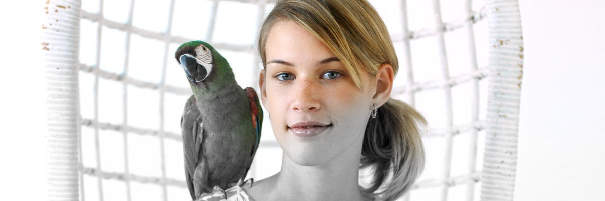 girl with parrot on shoulder