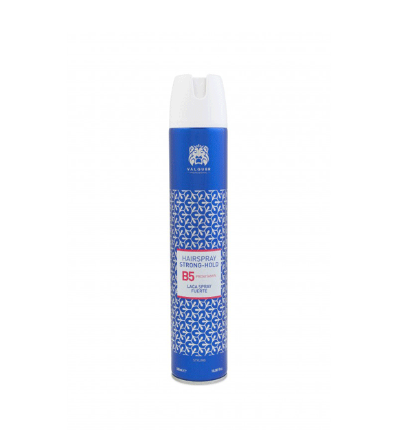 Una botella de laca para el cabello de color azul y blanco sobre un fondo blanco.